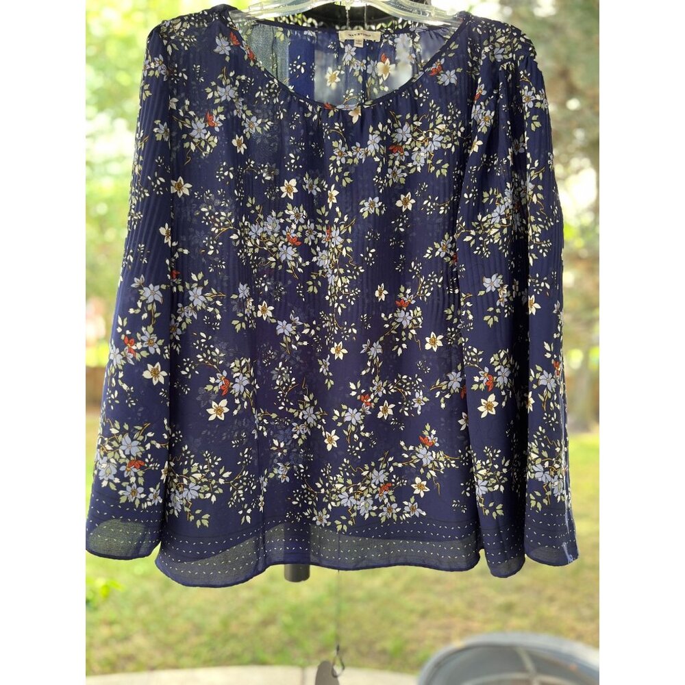 MAX STUDIO XL Navy-Blue Floral Pleated Blouse Long Bell Sleeves Boho Peasant